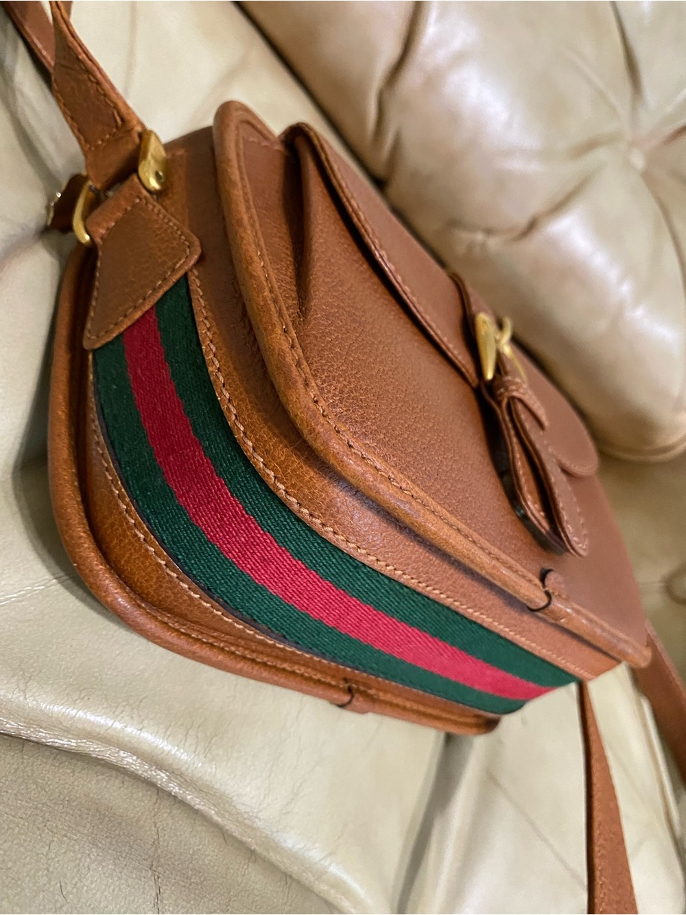 RARE Gucci Vintage Camera Bag COA Web Stripe Crossbody Cognac Leather - Picture 5 of 16